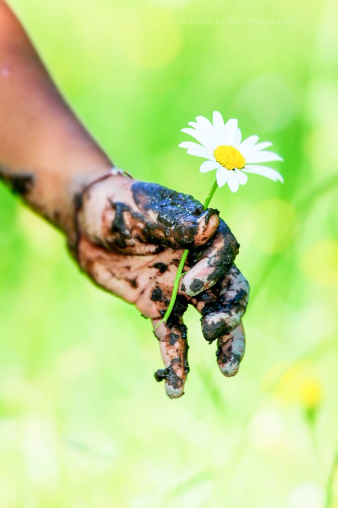 mains boueuse d'un enfant tenant une fleur